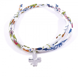 Bracelet porte bonheur en tissu liberty  fleur de grenade et pendentif trèfle