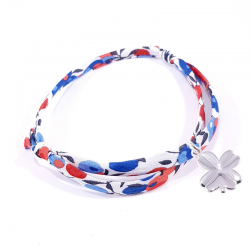 Bracelet porte bonheur en tissu liberty tricolore et pendentif trèfle en argent massif