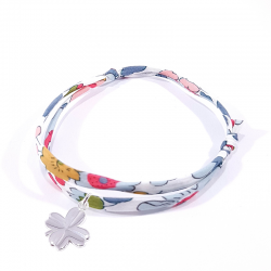 Bracelet porte bonheur en tissu liberty fleurs et trèfle en argent massif