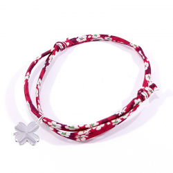 Bracelet porte bonheur en tissu liberty rouge et trèfle en argent massif