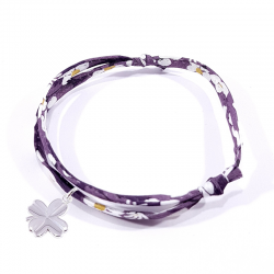 Bracelet porte bonheur en tissu liberty violet et trèfle en argent massif