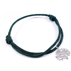 Bracelet cordon tressé vert foncé et pendentif arbre de vie en argent massif 925