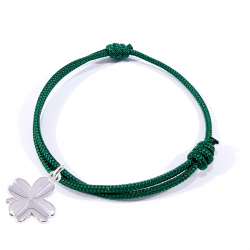 Bracelet porte bonheur en cordon tressé vert herbe et trèfle en argent massif