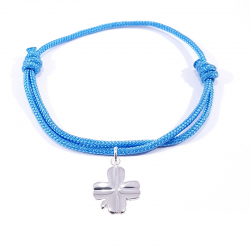 Bracelet porte bonheur en cordon tressé bleu et pendentif trèfle