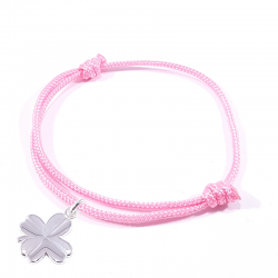 Bracelet porte bonheur en cordon tressé rose bonbon et pendentif trèfle en argent massif