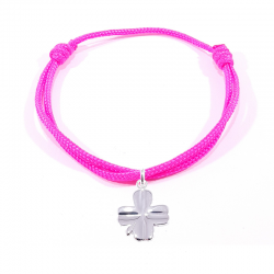 Bracelet porte bonheur en cordon tressé rose fluo et pendentif trèfle