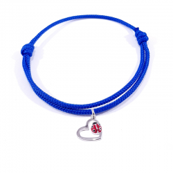 Bracelet cordon tressé  bleu foncé avec pendentif coccinelle posée sur cœur