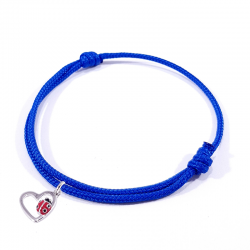 Bracelet cordon tressé  bleu foncé avec coccinelle posée sur cœur en argent et laque.