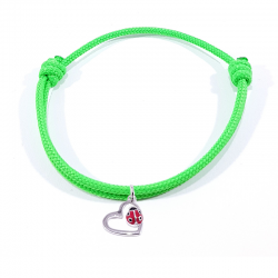 Bracelet cordon tressé vert fluo avec pendentif coccinelle posée sur cœur