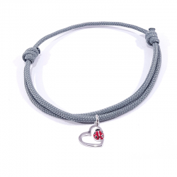 Bracelet cordon tressé gris avec pendentif coccinelle posée sur cœur