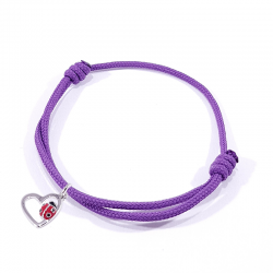 Bracelet cordon tressé lilas avec coccinelle posée sur cœur en argent et laque.