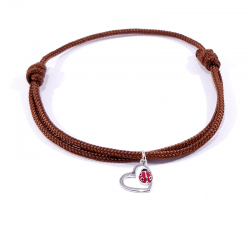 Bracelet cordon tressé marron chocolat avec pendentif coccinelle posée sur cœur