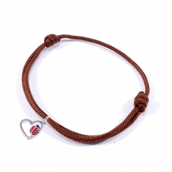 Bracelet cordon tressé marron chocolat avec coccinelle posée sur cœur en argent et laque.