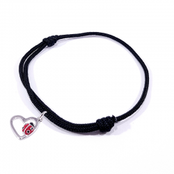 Bracelet cordon tressé noir avec coccinelle posée sur cœur en argent et laque.