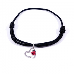 Bracelet cordon tressé noir avec pendentif coccinelle posée sur cœur