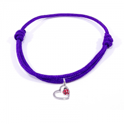 Bracelet cordon tressé violet avec pendentif coccinelle posée sur cœur