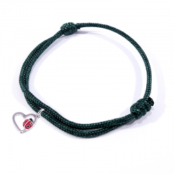 Bracelet cordon tressé vert foncé avec coccinelle posée sur cœur en argent et laque.