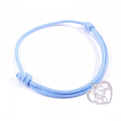 Bracelet cordon bleu bébé avec pendentif cœur ajouré en argent massif 925 et inscription" Je t'aime ".