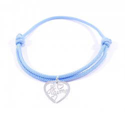 Bracelet cordon bleu bébé avec pendentif cœur ajouré en argent  et inscription" Je t'aime ".