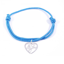 Bracelet cordon bleu polaire avec pendentif cœur ajouré  et inscription" Je t'aime ".