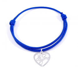 Bracelet cordon bleu royal avec pendentif cœur ajouré  et inscription" Je t'aime ".