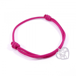 Bracelet cordon fuchsia avec pendentif cœur ajouré en argent massif 925 et inscription" Je t'aime ".