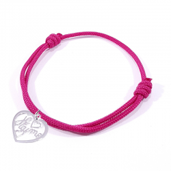 Bracelet cordon fuchsia avec pendentif cœur ajouré en argent  et inscription" Je t'aime ".