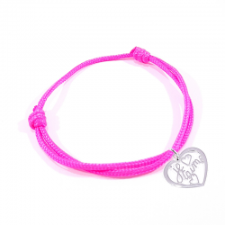 Bracelet cordon rose fluo avec pendentif cœur ajouré en argent massif 925 et inscription" Je t'aime ".