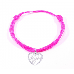 Bracelet cordon rose fluo avec pendentif cœur ajouré en argent  et inscription" Je t'aime ".