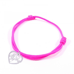 Bracelet cordon rose fluo avec pendentif cœur ajouré en argent