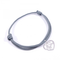 Bracelet cordon gris avec pendentif cœur ajouré en argent massif 925 et inscription" Je t'aime ".