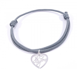 Bracelet cordon gris avec pendentif cœur ajouré en argent  et inscription" Je t'aime ".