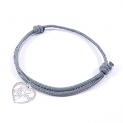 Bracelet cordon gris avec pendentif cœur ajouré en argent