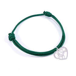 Bracelet cordon vert herbe avec pendentif cœur ajouré en argent massif 925 et inscription" Je t'aime ".