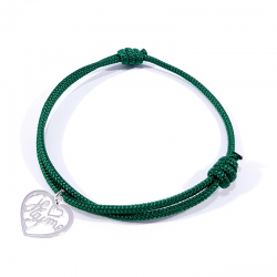 Bracelet cordon vert herbe avec pendentif cœur ajouré en argent massif 925