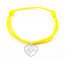 Bracelet cordon jaune avec pendentif cœur ajouré en argent  et inscription" Je t'aime ".