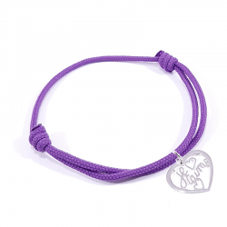 Bracelet cordon lilas avec pendentif cœur ajouré en argent massif 925 et inscription" Je t'aime ".