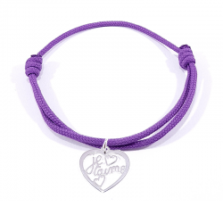 Bracelet cordon lilas avec pendentif cœur ajouré en argent