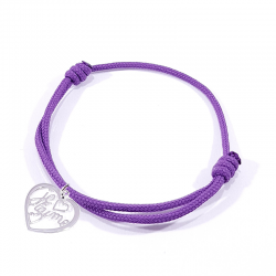 Bracelet cordon lilas avec pendentif cœur ajouré en argent  et inscription" Je t'aime ".