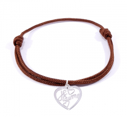 Bracelet cordon marron avec pendentif cœur ajouré en argent massif 925