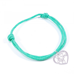 Bracelet cordon vert menthe avec pendentif cœur ajouré en argent massif 925 et inscription" Je t'aime ".