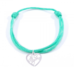 Bracelet cordon vert menthe avec pendentif cœur ajouré en argent  et inscription" Je t'aime ".