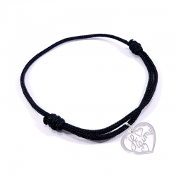 Bracelet cordon noir avec pendentif cœur ajouré en argent massif 925 et inscription" Je t'aime ".