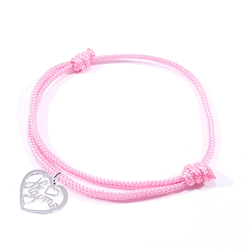 Bracelet cordon rose avec pendentif cœur ajouré en argent massif 925 et inscription" Je t'aime ".