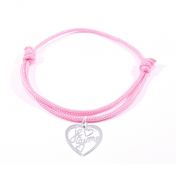 Bracelet cordon rose avec pendentif cœur ajouré en argent