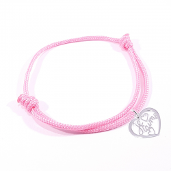 Bracelet cordon rose avec pendentif cœur ajouré en argent massif
