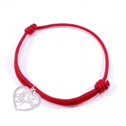 Bracelet cordon rouge avec pendentif cœur ajouré en argent  et inscription" Je t'aime ".