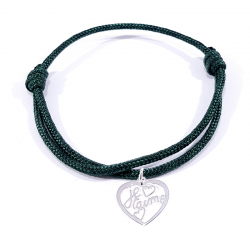 Bracelet cordon vert foncé avec pendentif cœur ajouré en argent massif 925