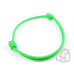 Bracelet cordon vert fluo avec pendentif cœur ajouré en argent massif 925 et inscription" Je t'aime ".