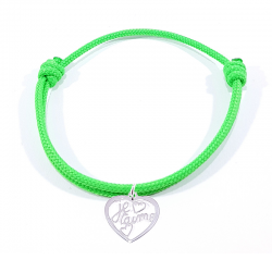 Bracelet cordon vert fluo avec pendentif cœur ajouré en argent  et inscription" Je t'aime ".